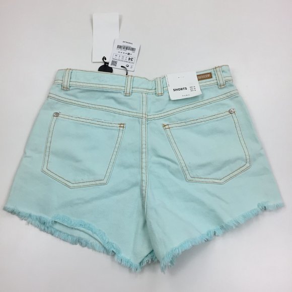 NWT ZARA Mint Green Distressed Raw Edge Hem High Rise Waist Denim Shorts - Picture 8 of 10
